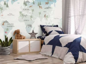 Hot Wereldkaart met golven en dieren Kinderkamer