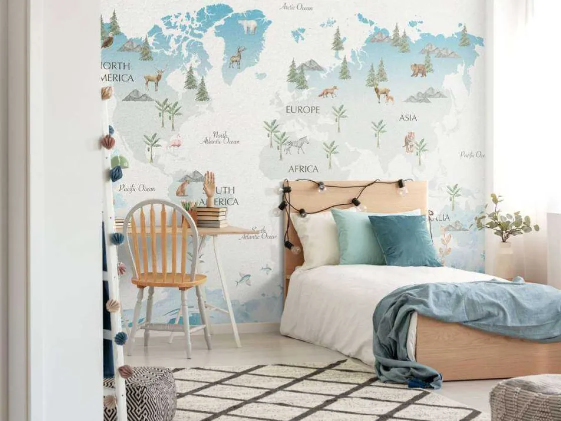 wereldkaart_met_golven_en_7.webp Hot Wereldkaart met golven en dieren Kinderkamer