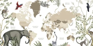 Outlet Wereldkaart met jungle dieren Kinderkamer