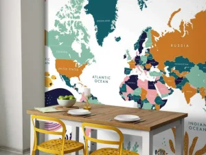 Hot Wereldkaart met oceaan dieren Kinderkamer