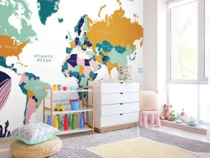 Hot Wereldkaart met oceaan dieren Kinderkamer