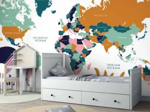 Hot Wereldkaart met oceaan dieren Kinderkamer