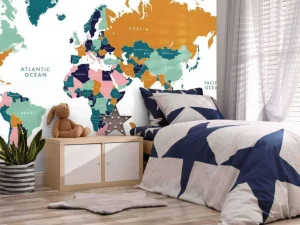 Hot Wereldkaart met oceaan dieren Kinderkamer