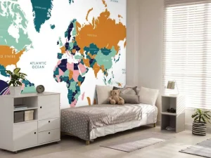 Hot Wereldkaart met oceaan dieren Kinderkamer