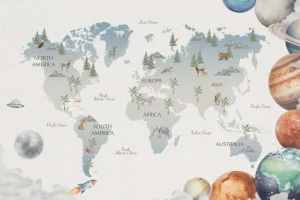 Outlet Wereldkaart met planeten Kinderkamer