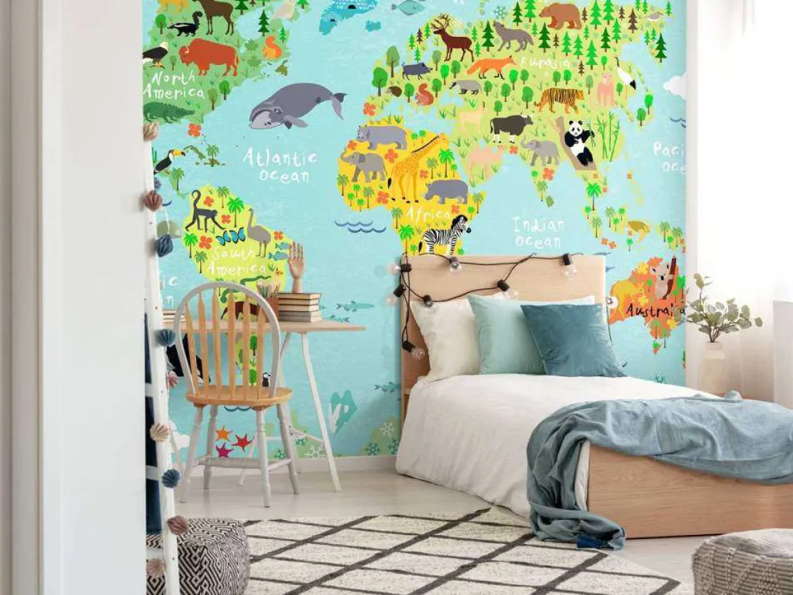 wereldkaart_met_verschill_1-4.webp Hot Wereldkaart met verschillende diersoorten fotobehang Kinderkamer | Babykamer