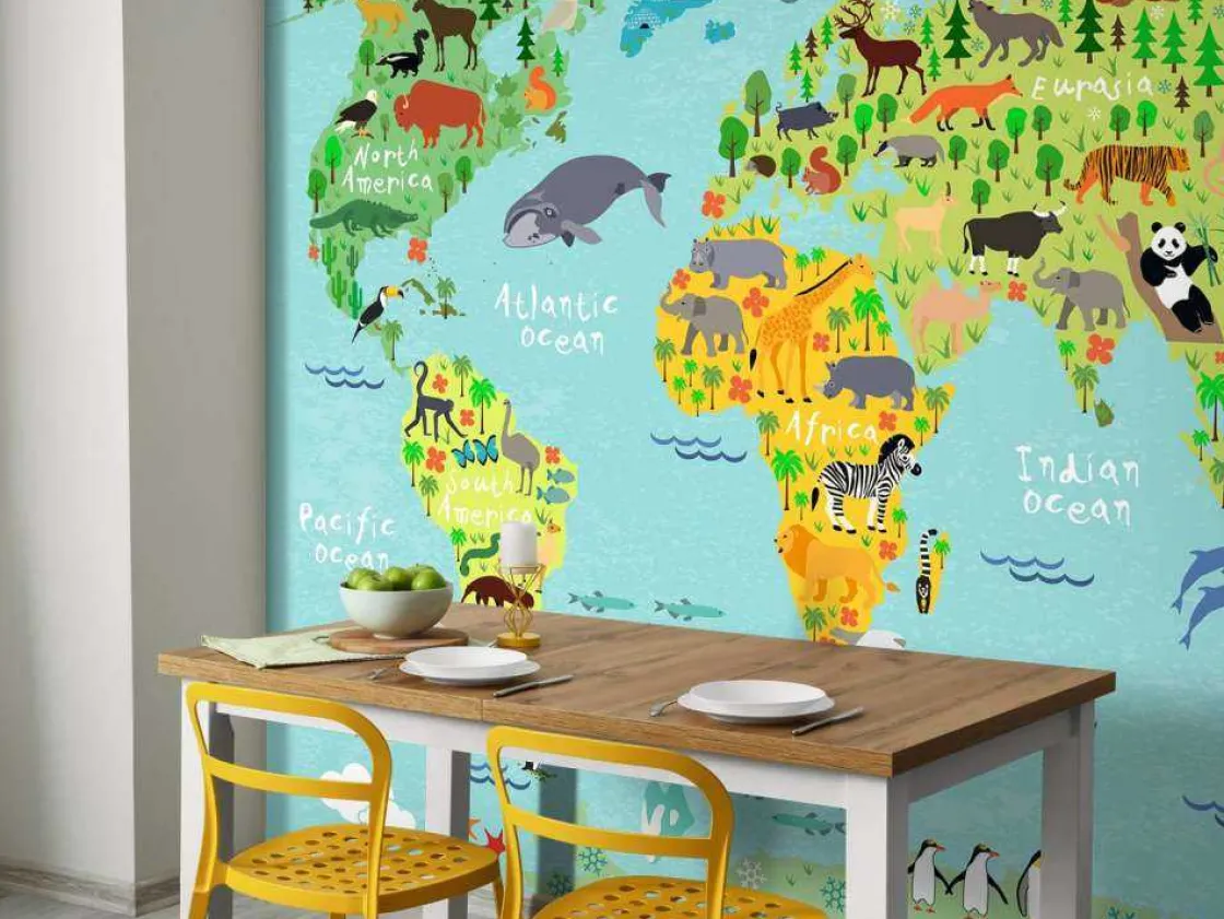 wereldkaart_met_verschill_10-3.webp Hot Wereldkaart met verschillende diersoorten fotobehang Kinderkamer | Babykamer