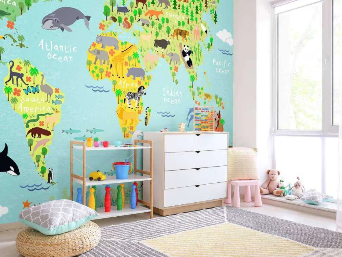 wereldkaart_met_verschill_2-4.webp Hot Wereldkaart met verschillende diersoorten fotobehang Kinderkamer | Babykamer