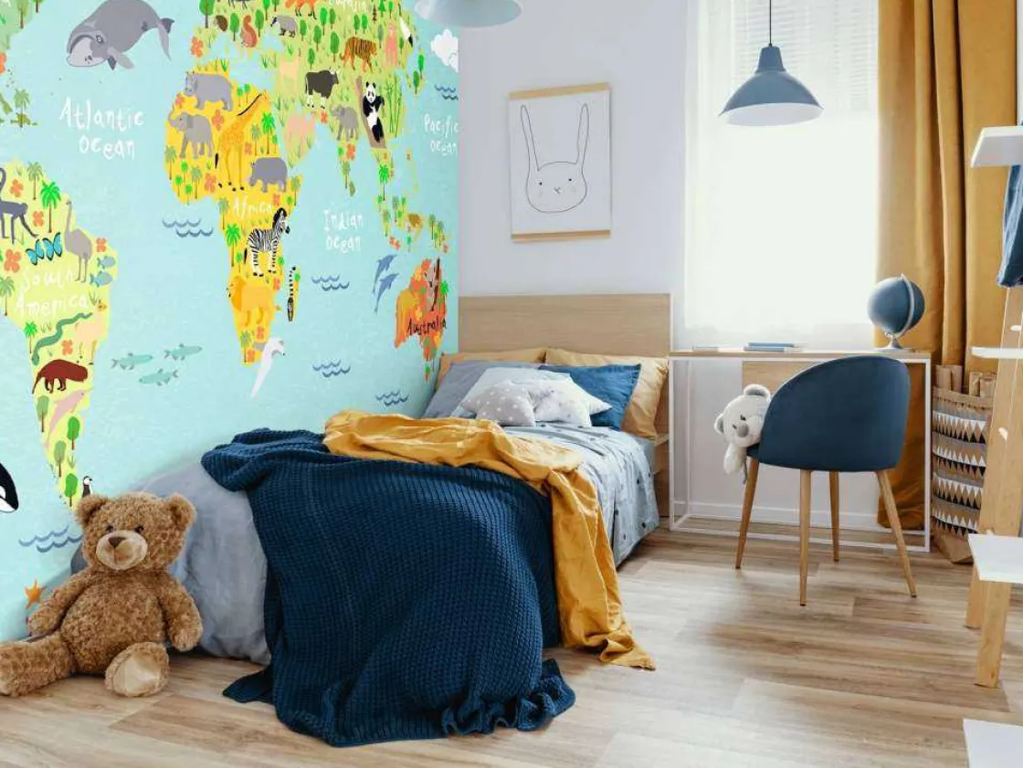 wereldkaart_met_verschill_3-4.webp Hot Wereldkaart met verschillende diersoorten fotobehang Kinderkamer | Babykamer