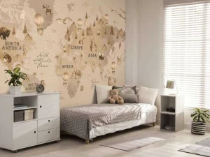 Online Wereldkaart met verschillende dieren taupe Kinderkamer