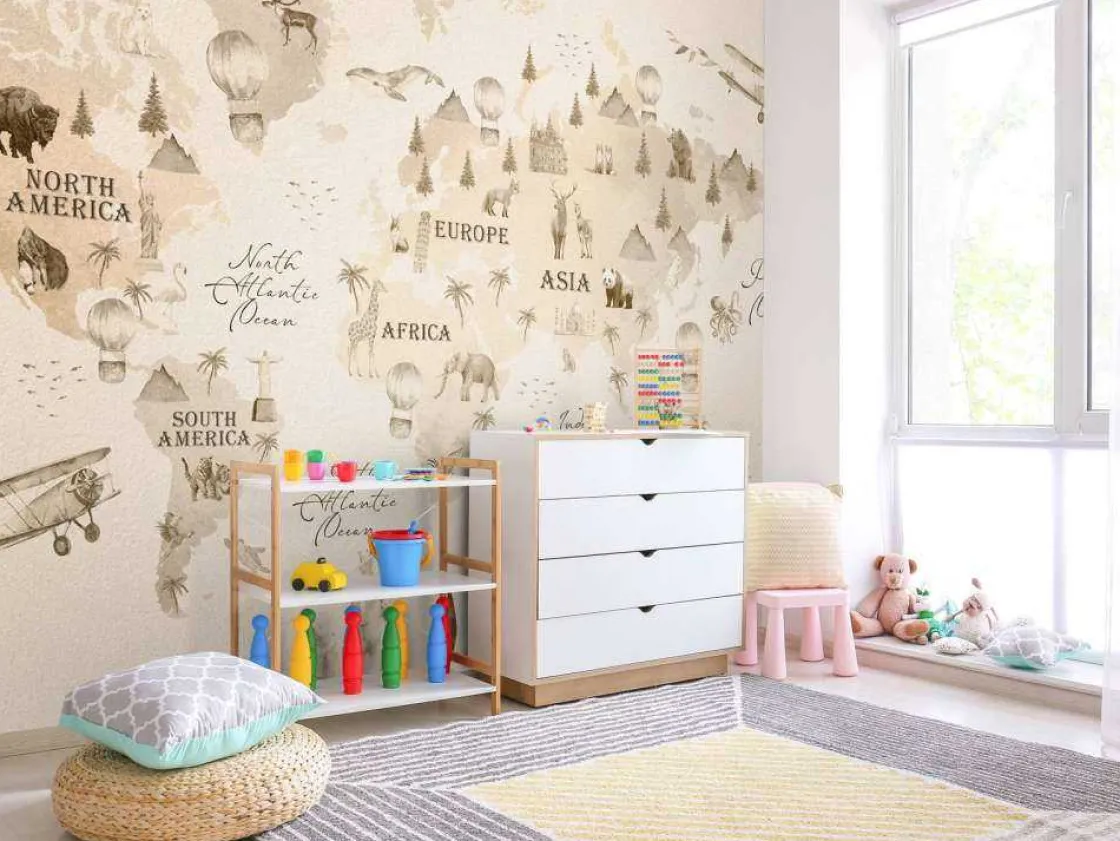 wereldkaart_met_verschill_4-2.webp Fashion Wereldkaart met verschillende dieren beige Kinderkamer