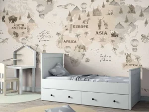 Discount Wereldkaart met verschillende dieren off-white Kinderkamer