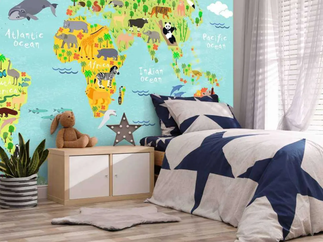 wereldkaart_met_verschill_4-4.webp Hot Wereldkaart met verschillende diersoorten fotobehang Kinderkamer | Babykamer
