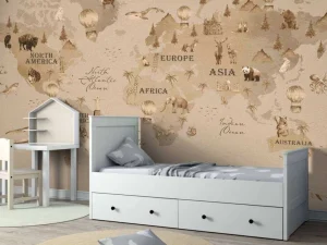 Online Wereldkaart met verschillende dieren taupe Kinderkamer