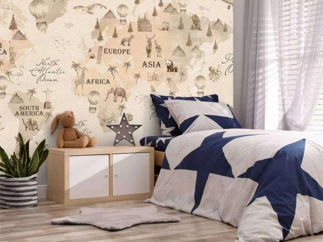 wereldkaart_met_verschill_5-2.webp Fashion Wereldkaart met verschillende dieren beige Kinderkamer