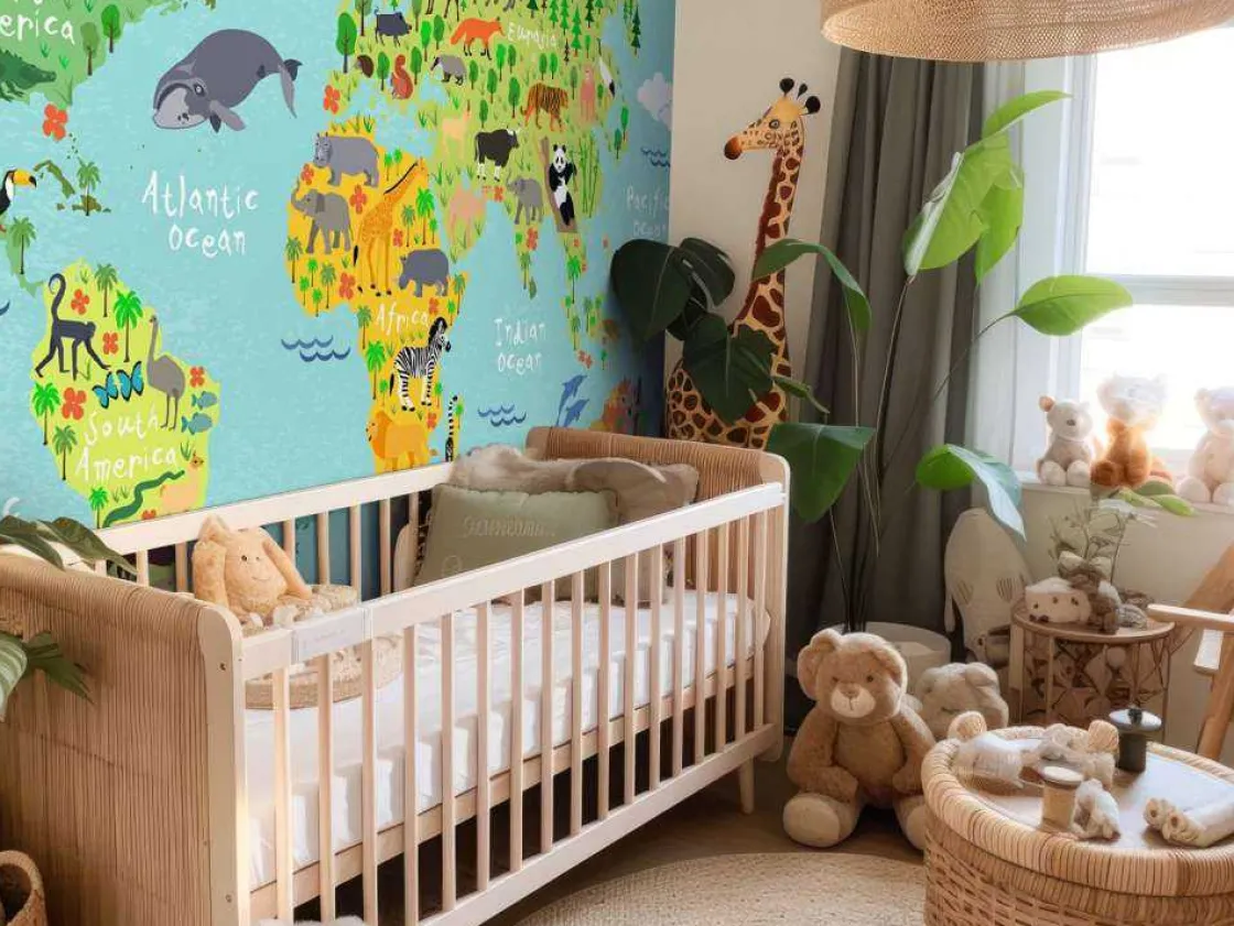 wereldkaart_met_verschill_5-4.webp Hot Wereldkaart met verschillende diersoorten fotobehang Kinderkamer | Babykamer
