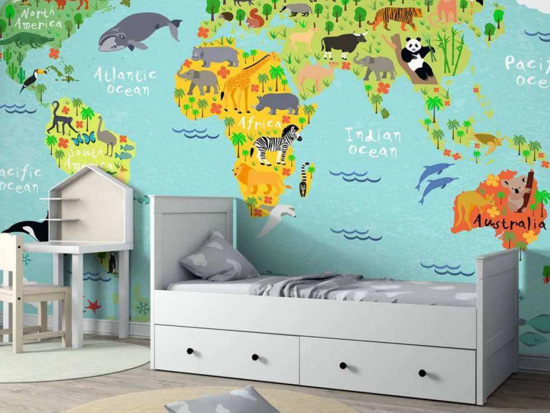 wereldkaart_met_verschill_6-4.webp Hot Wereldkaart met verschillende diersoorten fotobehang Kinderkamer | Babykamer