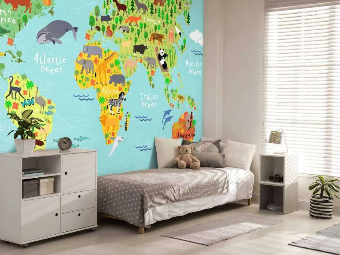 wereldkaart_met_verschill_7-4.webp Hot Wereldkaart met verschillende diersoorten fotobehang Kinderkamer | Babykamer