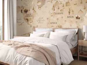 Online Wereldkaart met verschillende dieren taupe Kinderkamer