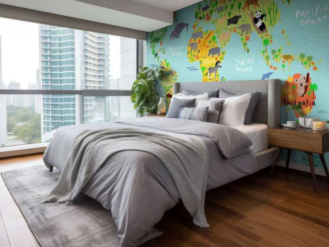 wereldkaart_met_verschill_8-4.webp Hot Wereldkaart met verschillende diersoorten fotobehang Kinderkamer | Babykamer