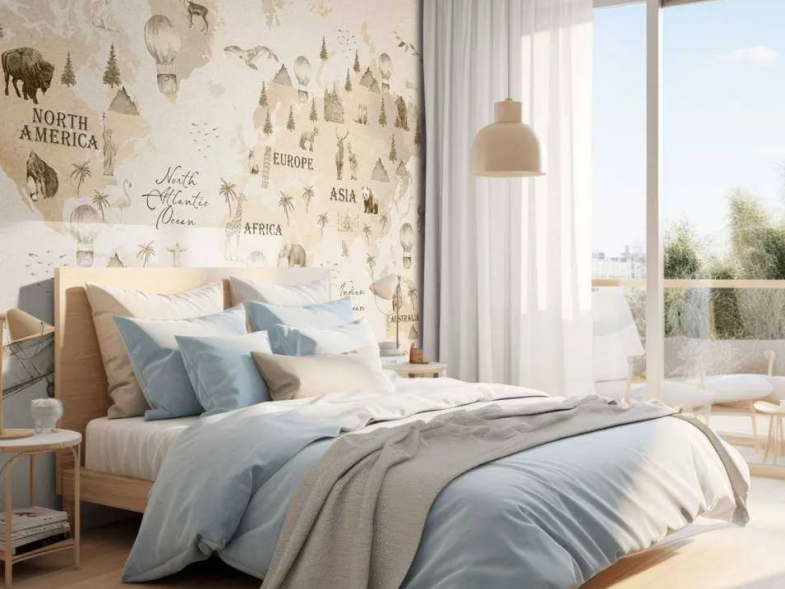 wereldkaart_met_verschill_9-2.webp Fashion Wereldkaart met verschillende dieren beige Kinderkamer