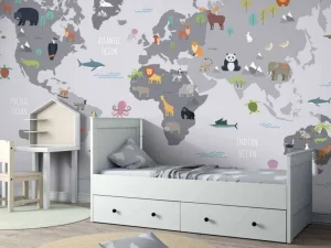 Fashion Wereldkaart met wilde dieren Kinderkamer | Dieren
