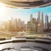 Hot Wereldstad vanuit een futuristische kamer fotobehang Architectuur