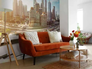 Hot Wereldstad vanuit een futuristische kamer fotobehang Architectuur