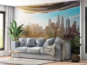 Hot Wereldstad vanuit een futuristische kamer fotobehang Architectuur