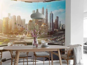 Hot Wereldstad vanuit een futuristische kamer fotobehang Architectuur