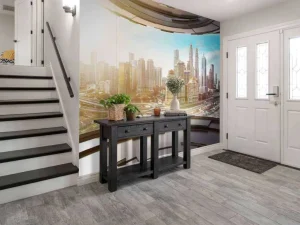 Hot Wereldstad vanuit een futuristische kamer fotobehang Architectuur