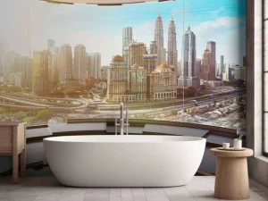 Hot Wereldstad vanuit een futuristische kamer fotobehang Architectuur