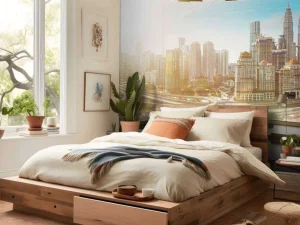 Hot Wereldstad vanuit een futuristische kamer fotobehang Architectuur