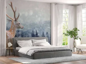Fashion Winter Hert met Groen bos achtergrond fotobehang Dieren