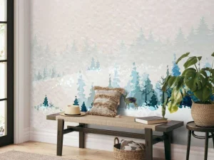 Fashion Winterlandschap met dennenbomen en een hert fotobehang Hobbykamer | Bloemen