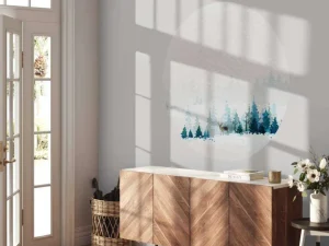 Fashion Winterlandschap met dennenbomen en een hert fotobehang Hobbykamer | Bloemen