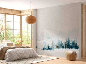 Fashion Winterlandschap met dennenbomen en een hert fotobehang Hobbykamer | Bloemen