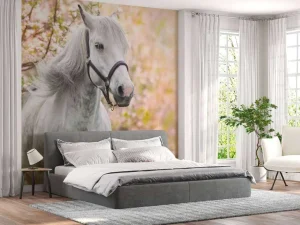 Outlet Wit Paard met Bloesem in Lente fotobehang Bloemen