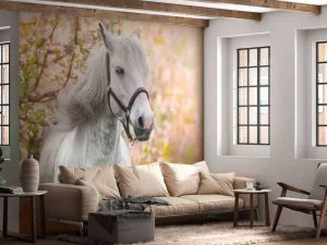 Outlet Wit Paard met Bloesem in Lente fotobehang Bloemen