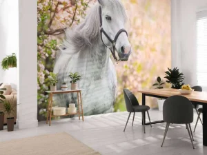 Outlet Wit Paard met Bloesem in Lente fotobehang Bloemen