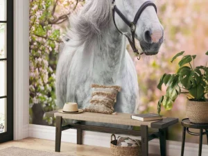 Outlet Wit Paard met Bloesem in Lente fotobehang Bloemen