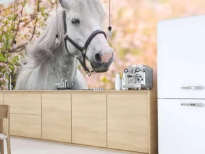 Outlet Wit Paard met Bloesem in Lente fotobehang Bloemen