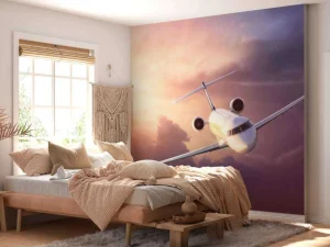 Clearance Witte vliegtuig bij zonsondergang fotobehang Tienerkamer | Transport