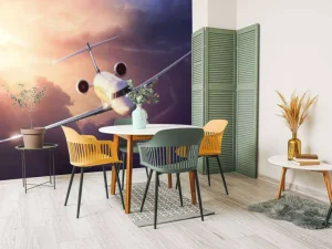 Clearance Witte vliegtuig bij zonsondergang fotobehang Tienerkamer | Transport