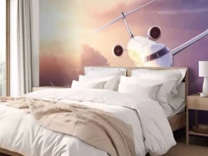 Clearance Witte vliegtuig bij zonsondergang fotobehang Tienerkamer | Transport