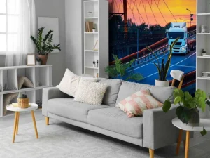 Best Witte vrachtwagen bij zonsondergang fotobehang Tienerkamer | Architectuur