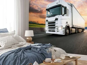 Clearance Witte vrachtwagen op de snelweg bij zonsondergang fotobehang Tienerkamer | Kinderkamer