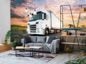 Clearance Witte vrachtwagen op de snelweg bij zonsondergang fotobehang Tienerkamer | Kinderkamer