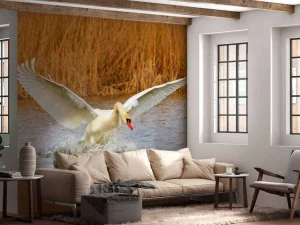 Hot Witte zwaan vliegt weg fotobehang Dieren
