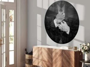 Sale Zakenman met een wereldstad op de achtergrond fotobehang Architectuur